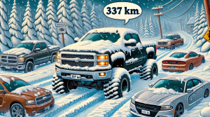Pickup och lyxbilar i snöstormen