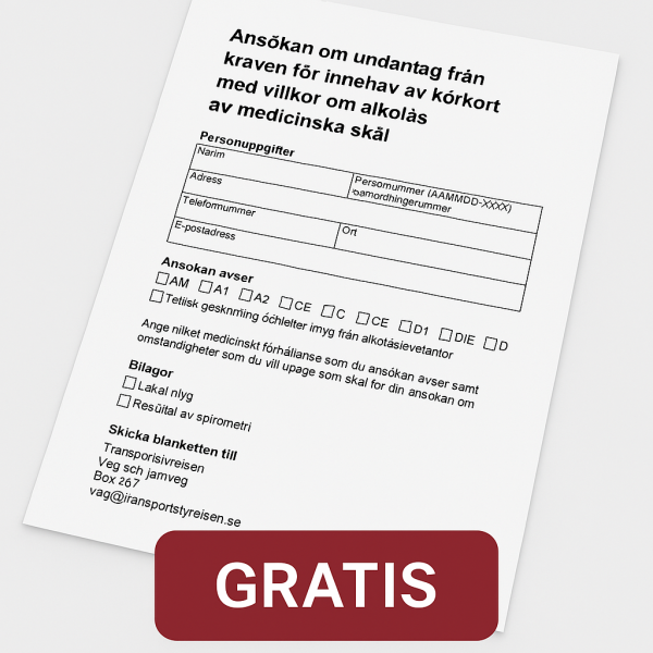 Ansökan om undantag från kraven för innehav av körkort med villkor om alkolås