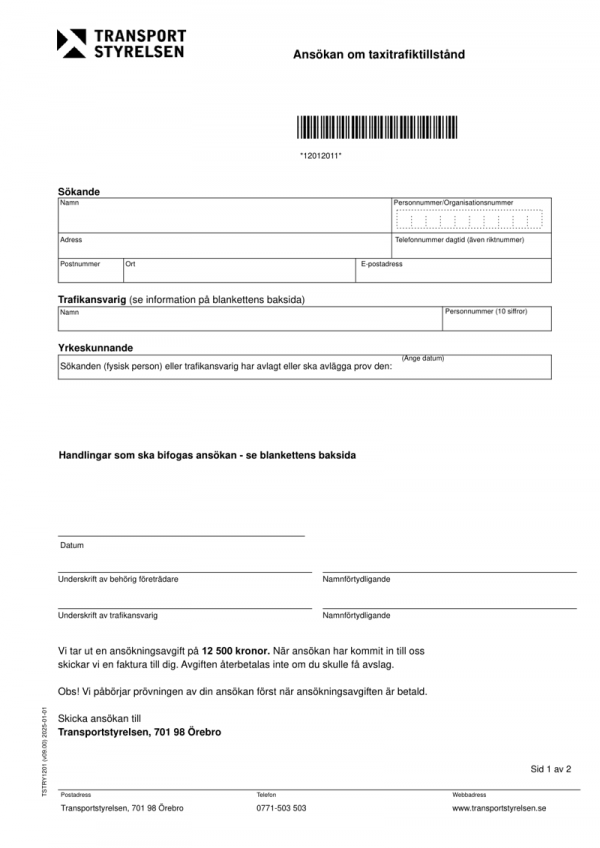 Ansökan om taxitrafiktillstånd – Officiell blankett från Transportstyrelsen